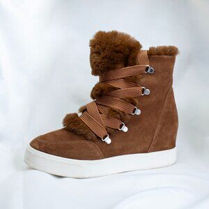Steve Madden Wharton Brown Faux Fur Wedge Sneaker Boots Size 9.5